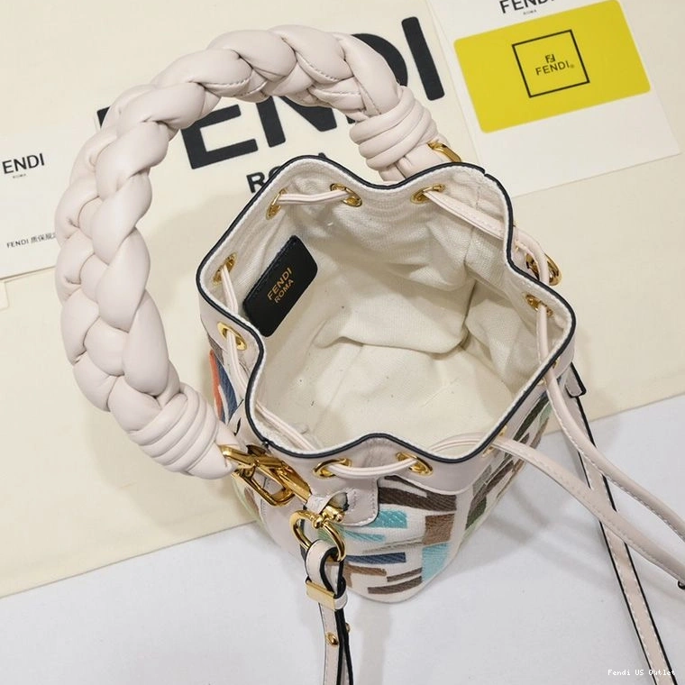 Vintage HOT Beige Canvas with Fendi Bag Motif In Woven Tresor Handle Mini Bucket FF Mon 0724